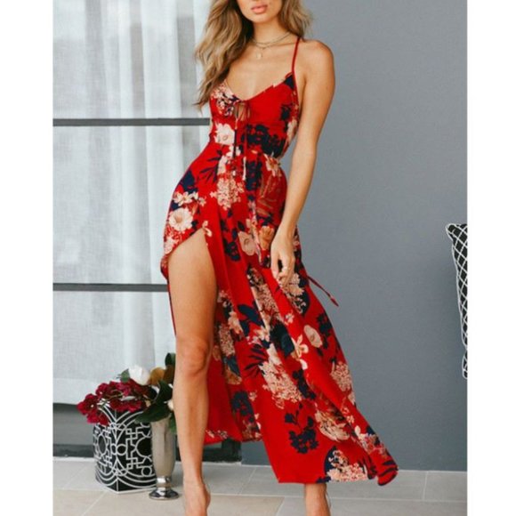 Red Floral Maxi w/ Crisscross Tie Back - Picture 4 of 6
